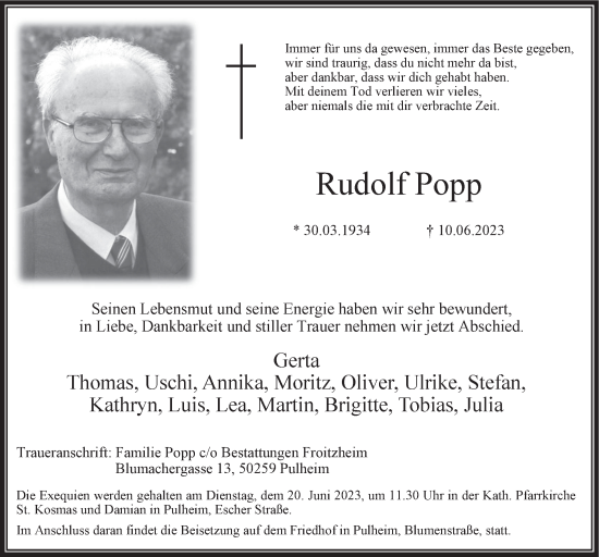 Anzeige von Rudolf Popp von  Wochenende 