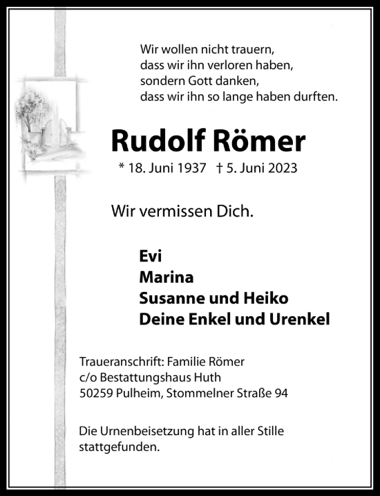 Anzeige von Rudolf Römer von  Wochenende 