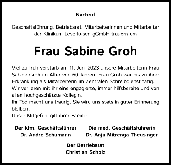 Anzeige von Sabine Groh von Kölner Stadt-Anzeiger / Kölnische Rundschau / Express