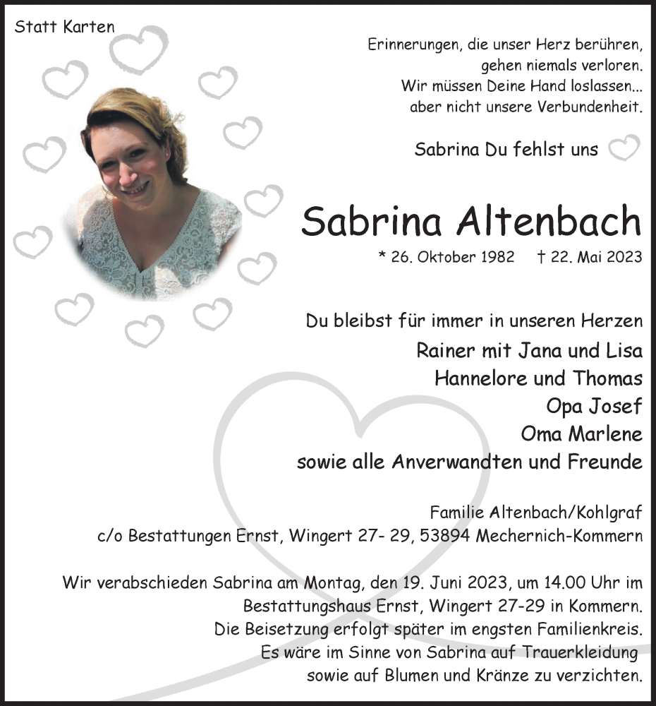  Traueranzeige für Sabrina Altenbach vom 10.06.2023 aus  Blickpunkt Euskirchen 