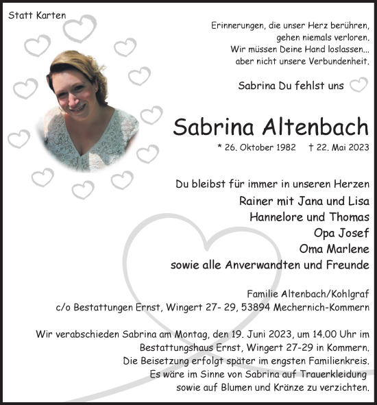 Anzeige von Sabrina Altenbach von  Blickpunkt Euskirchen 