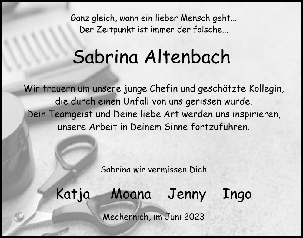  Traueranzeige für Sabrina Altenbach vom 10.06.2023 aus  Blickpunkt Euskirchen 