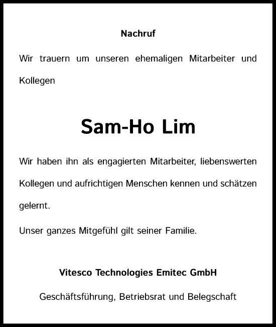 Anzeige von Sam-Ho Lim von Kölner Stadt-Anzeiger / Kölnische Rundschau / Express