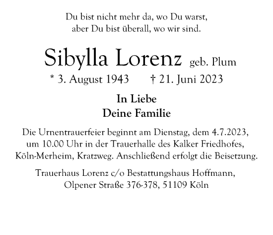 Anzeige von Sibylla Lorenz von Kölner Stadt-Anzeiger / Kölnische Rundschau / Express