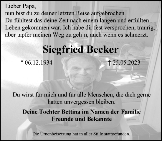 Anzeige von Siegfried Becker von  Bergisches Handelsblatt 