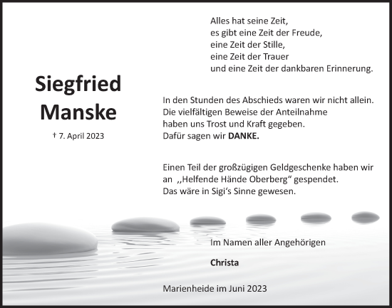 Anzeige von Siegfried Manske von  Anzeigen Echo 