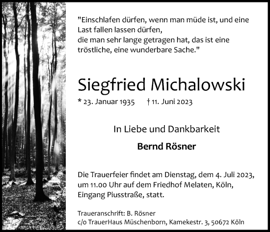 Anzeige von Siegfried Michalowski von Kölner Stadt-Anzeiger / Kölnische Rundschau / Express