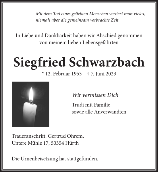Anzeige von Siegfried Schwarzbach von  Wochenende 