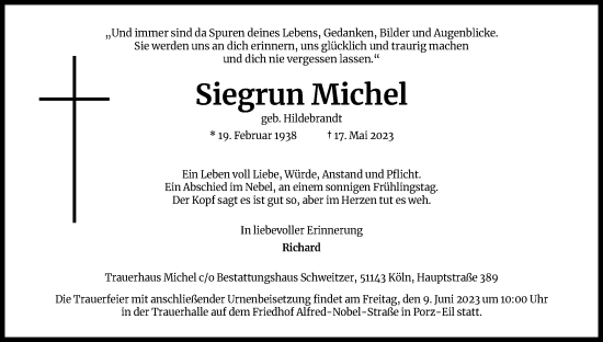 Anzeige von Siegrun Michel von Kölner Stadt-Anzeiger / Kölnische Rundschau / Express