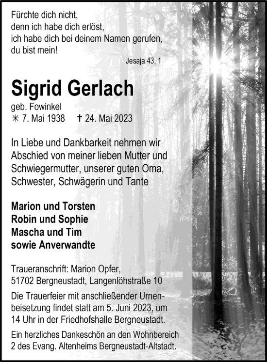 Anzeige von Sigrid Gerlach von  Anzeigen Echo 