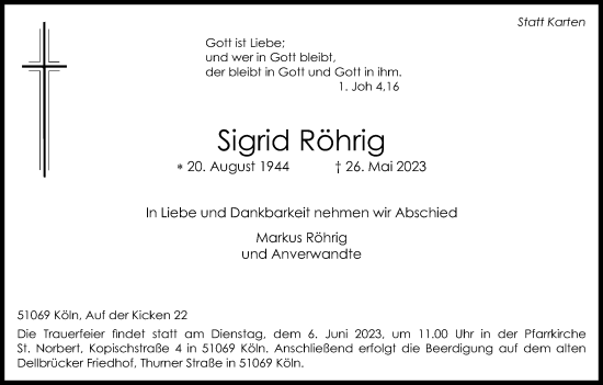 Anzeige von Sigrid Röhrig von Kölner Stadt-Anzeiger / Kölnische Rundschau / Express