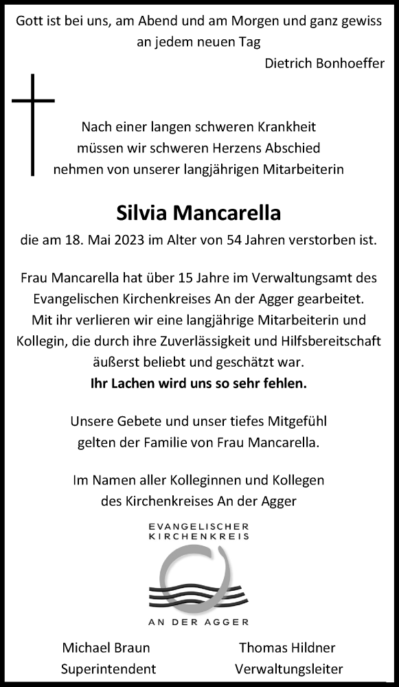  Traueranzeige für Silvia Mancarella vom 03.06.2023 aus Kölner Stadt-Anzeiger / Kölnische Rundschau / Express