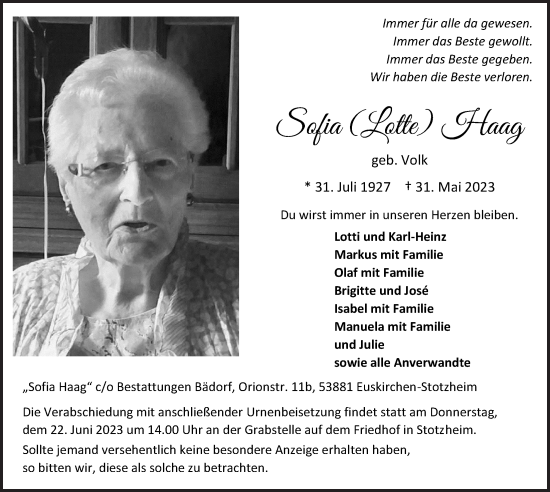 Anzeige von Sofia Haag von  Blickpunkt Euskirchen 