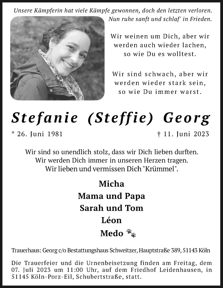  Traueranzeige für Stefanie Georg vom 24.06.2023 aus Kölner Stadt-Anzeiger / Kölnische Rundschau / Express