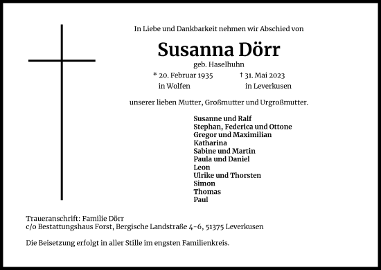Anzeige von Susanna Dörr von Kölner Stadt-Anzeiger / Kölnische Rundschau / Express
