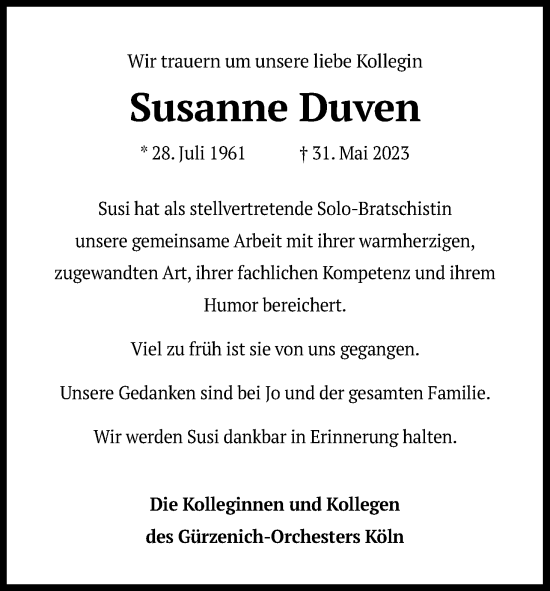 Anzeige von Susanne Duven von Kölner Stadt-Anzeiger / Kölnische Rundschau / Express