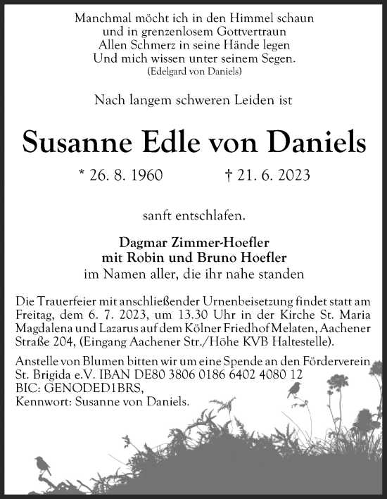 Anzeige von Susanne Edle von Daniels von Kölner Stadt-Anzeiger / Kölnische Rundschau / Express