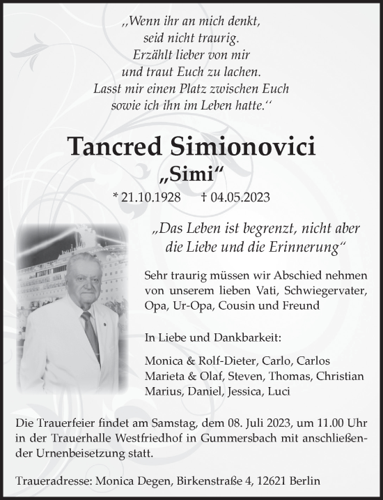 Anzeige von Tancred Simionovici von  Anzeigen Echo 