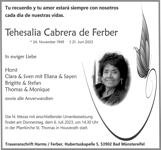 Anzeige von Tehesalia Cabrera de Ferber von  Blickpunkt Euskirchen 