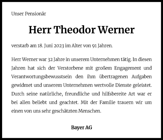 Anzeige von Theodor Werner von Kölner Stadt-Anzeiger / Kölnische Rundschau / Express