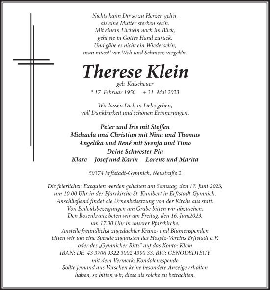 Anzeige von Therese Klein von  Werbepost 