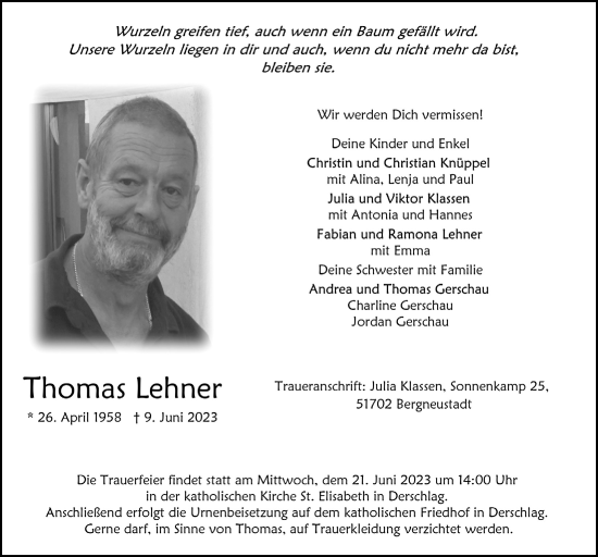 Anzeige von Thomas Lehner von  Anzeigen Echo 