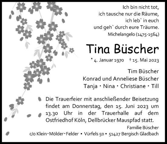 Anzeige von Tina Büscher von Kölner Stadt-Anzeiger / Kölnische Rundschau / Express