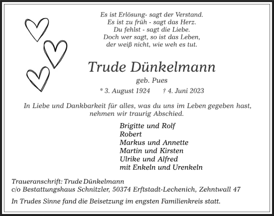 Anzeige von Trude Dünkelmann von  Werbepost 