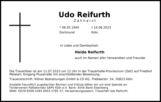 Anzeige von Udo Reifurth von Kölner Stadt-Anzeiger / Kölnische Rundschau / Express