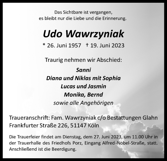 Anzeige von Udo Wawrzyniak von Kölner Stadt-Anzeiger / Kölnische Rundschau / Express