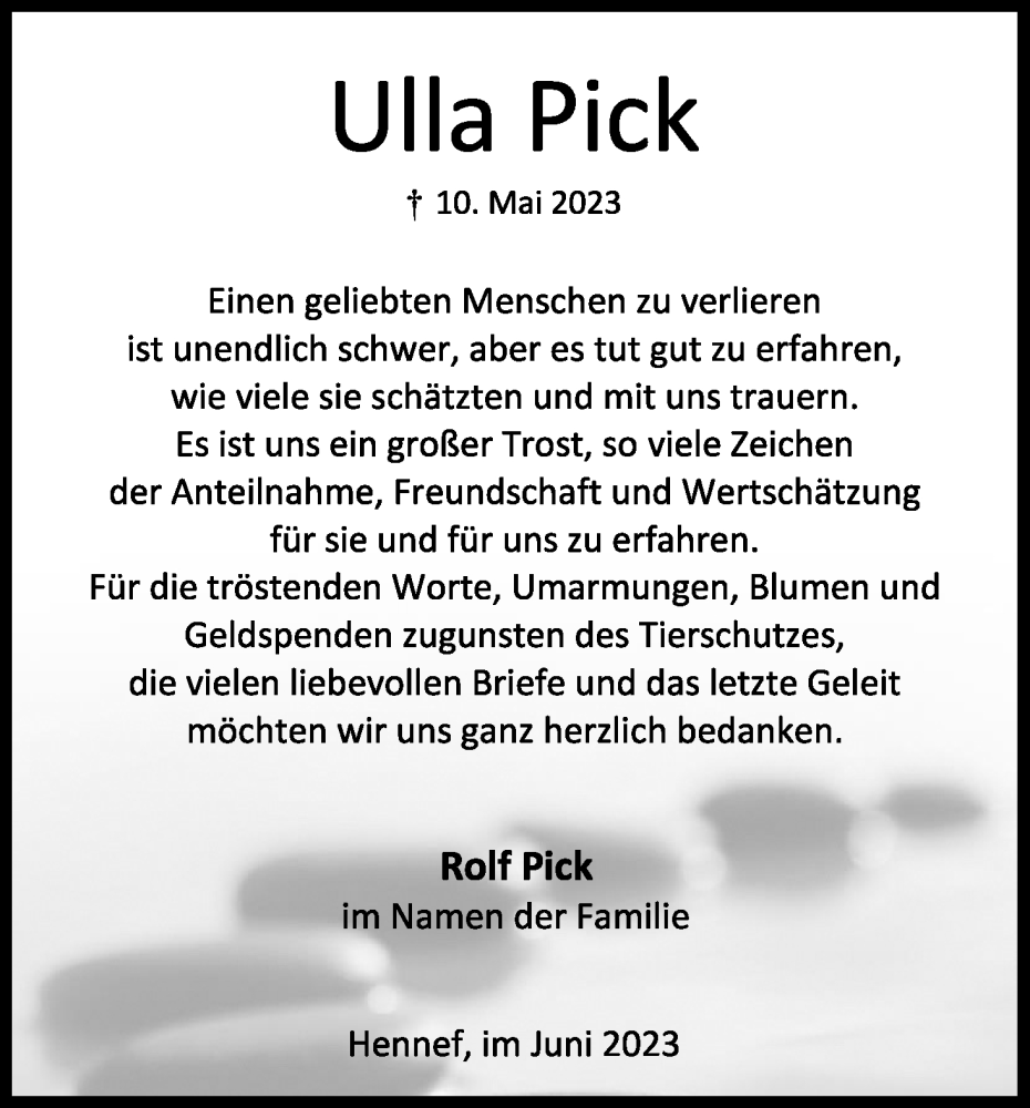 Traueranzeige für Ulla Pick vom 10.06.2023 aus Kölner Stadt-Anzeiger / Kölnische Rundschau / Express