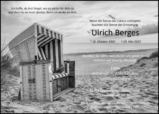 Anzeige von Ulrich Berges von  Anzeigen Echo 