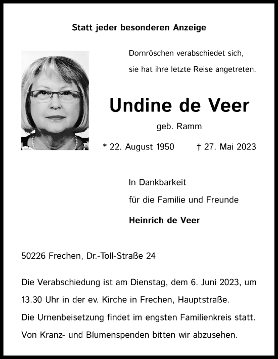 Anzeige von Undine de Veer von Kölner Stadt-Anzeiger / Kölnische Rundschau / Express