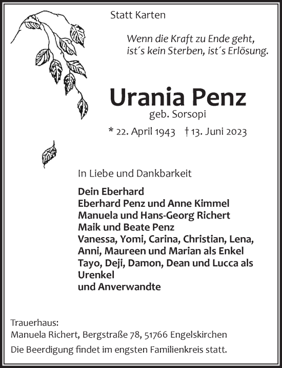 Anzeige von Urania Penz von  Anzeigen Echo 