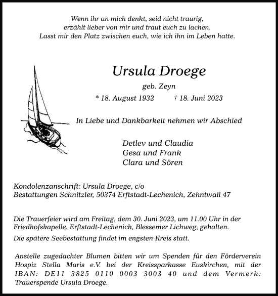 Anzeige von Ursula Droege von Kölner Stadt-Anzeiger / Kölnische Rundschau / Express