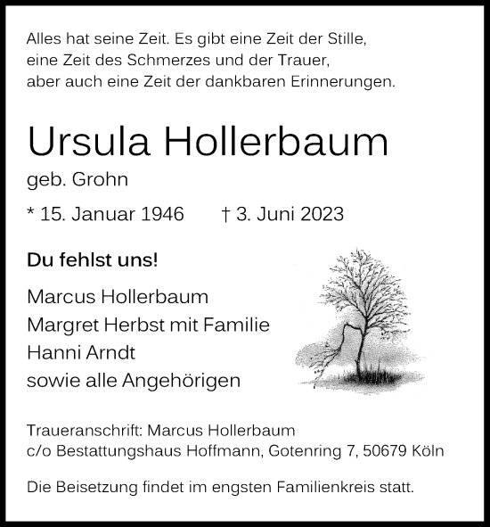 Anzeige von Ursula Hollerbaum von Kölner Stadt-Anzeiger / Kölnische Rundschau / Express