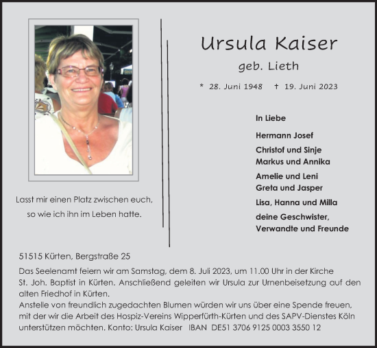 Anzeige von Ursula Kaiser von Kölner Stadt-Anzeiger / Kölnische Rundschau / Express