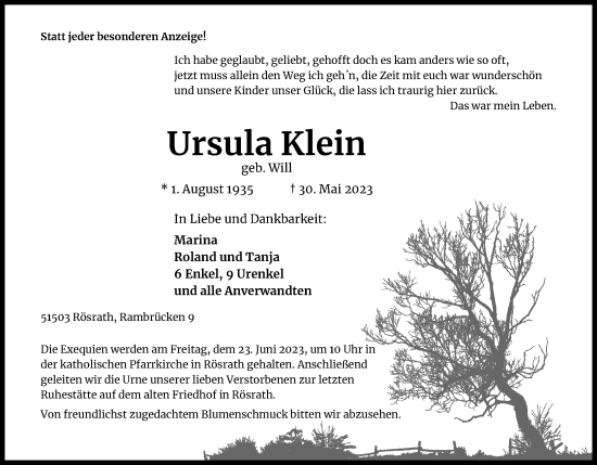 Anzeige von Ursula Klein von Kölner Stadt-Anzeiger / Kölnische Rundschau / Express