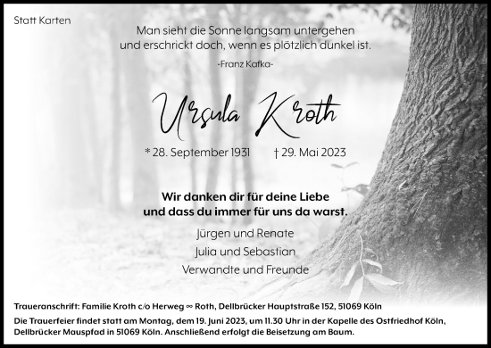 Anzeige von Ursula Kroth von Kölner Stadt-Anzeiger / Kölnische Rundschau / Express