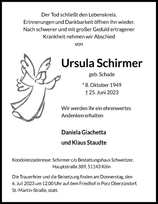 Anzeige von Ursula Schirmer von Kölner Stadt-Anzeiger / Kölnische Rundschau / Express
