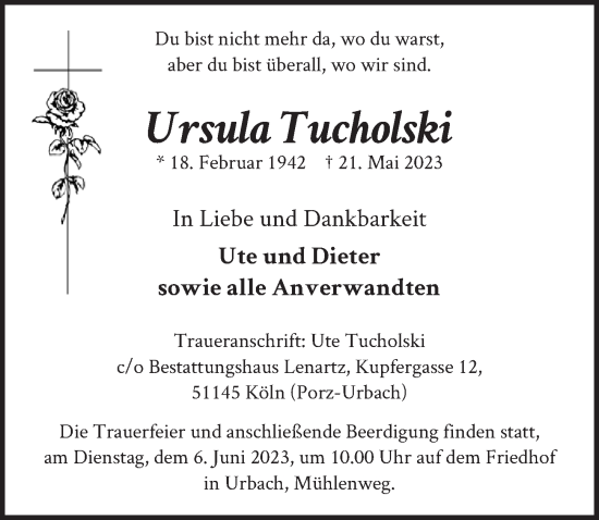 Anzeige von Ursula Tucholski von  EXPRESS - Die Woche 