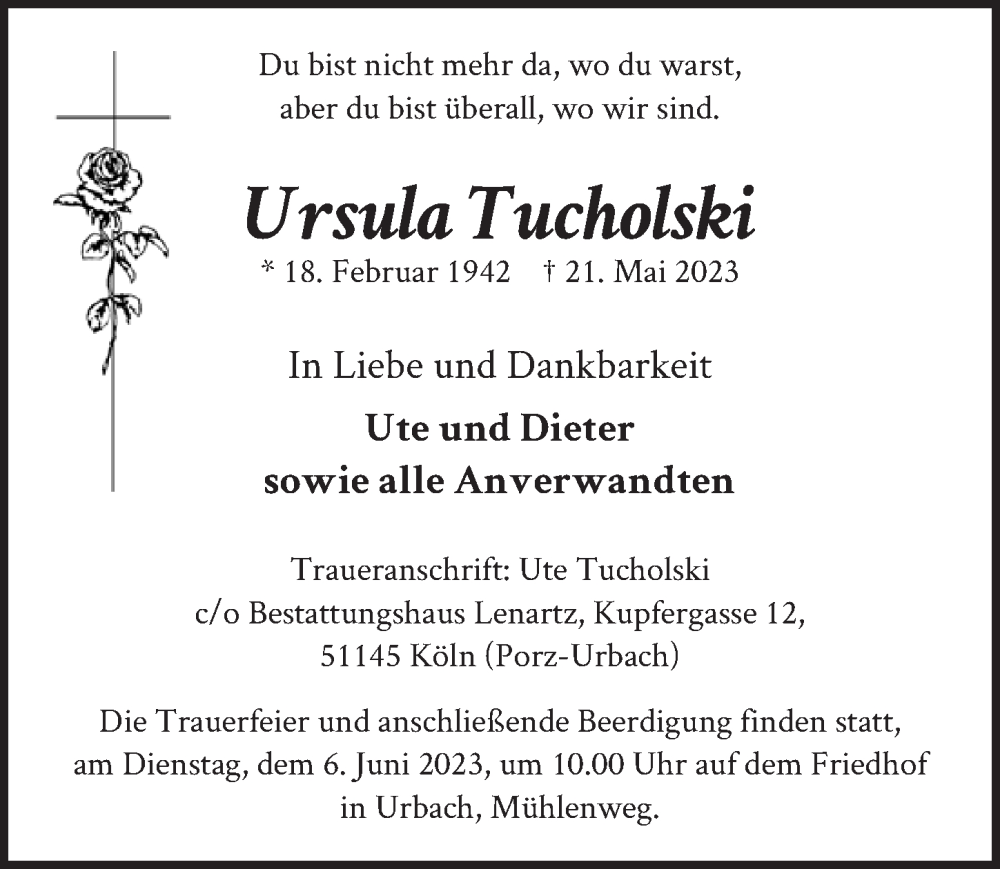  Traueranzeige für Ursula Tucholski vom 02.06.2023 aus  EXPRESS - Die Woche 