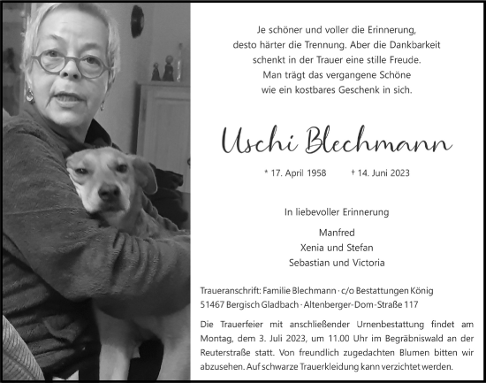 Anzeige von Uschi Blechmann von  Bergisches Handelsblatt 