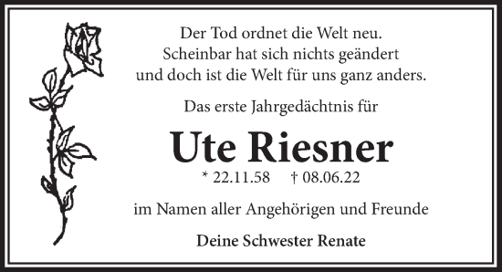 Anzeige von Ute Riesner von  Wochenende 