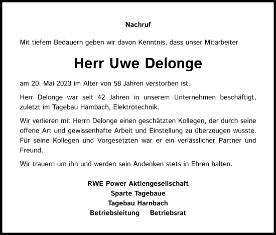 Anzeige von Uwe Delonge von Kölner Stadt-Anzeiger / Kölnische Rundschau / Express