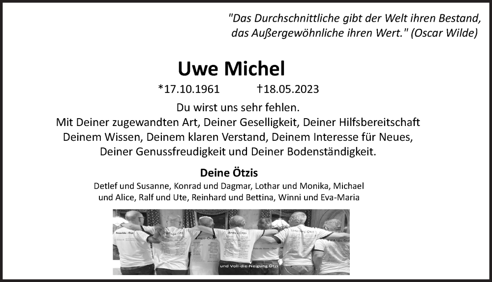 Traueranzeige für Uwe Michel vom 23.06.2023 aus  Schlossbote/Werbekurier 
