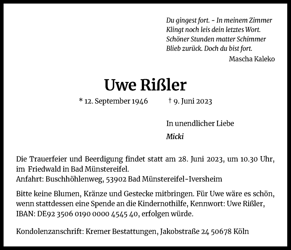  Traueranzeige für Uwe Rißler vom 24.06.2023 aus Kölner Stadt-Anzeiger / Kölnische Rundschau / Express