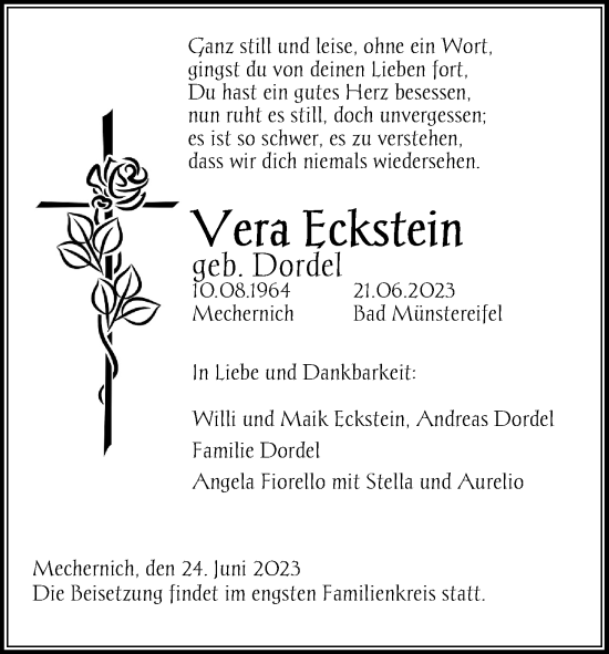 Anzeige von Vera Eckstein von Kölner Stadt-Anzeiger / Kölnische Rundschau / Express