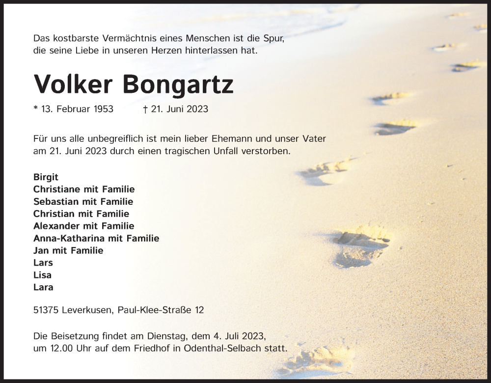  Traueranzeige für Volker Bongartz vom 01.07.2023 aus Kölner Stadt-Anzeiger / Kölnische Rundschau / Express