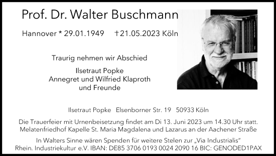 Anzeige von Walter Buschmann von Kölner Stadt-Anzeiger / Kölnische Rundschau / Express